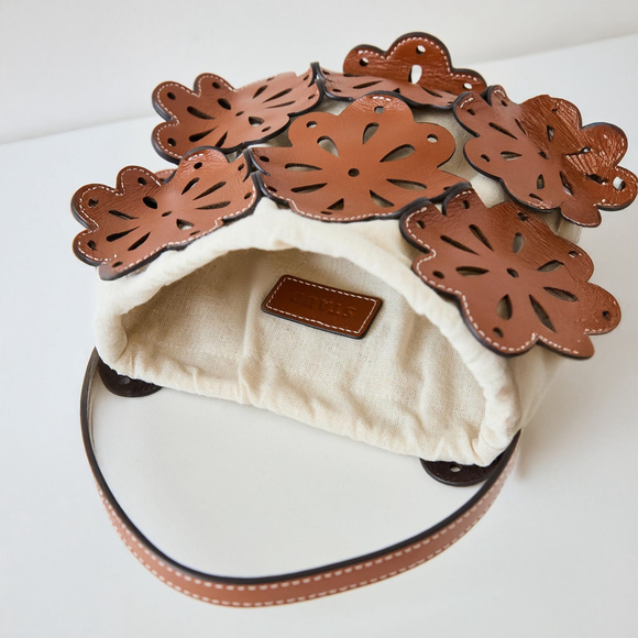 NWT STAUD Beige & Tan Flora Basket Leather Top-handle Small Bucket Bag - Picture 5 of 9